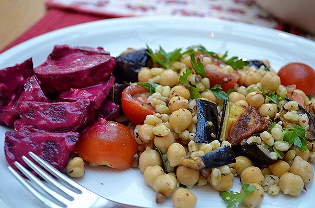 Wheat Berry Salad with Chickpeas + Za’atar, Tahini Beetroot