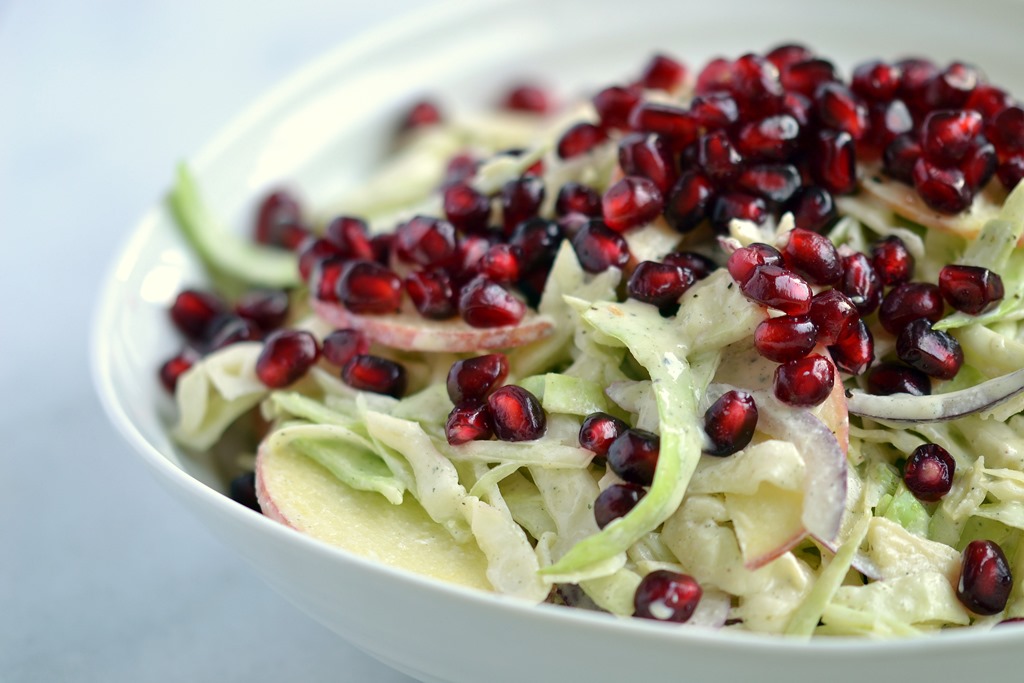 Cabbage, Apple & Pomegranate Salad with Ginger-Almond Dressing