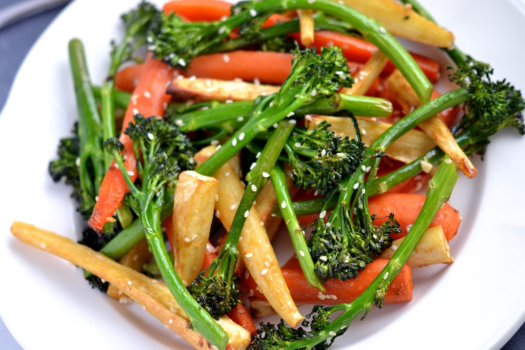 Sticky Roasted Vegetables with Sesame-Miso Dressing