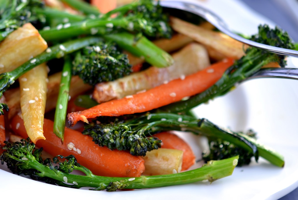 Sticky Roasted Vegetables with Sesame-Miso Dressing