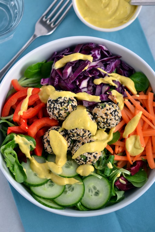 Rainbow Salad with Sesame Hummus Bites and Mango-Tahini Sauce