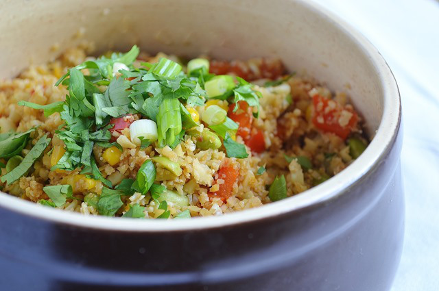 Cauliflower Fried Rice with Edamame, Corn, Red Pepper and Spring Onions