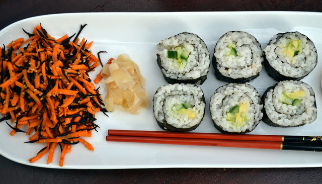 Simple Avocado-Cucumber Sushi Rolls, Carrot-Hijiki Salad