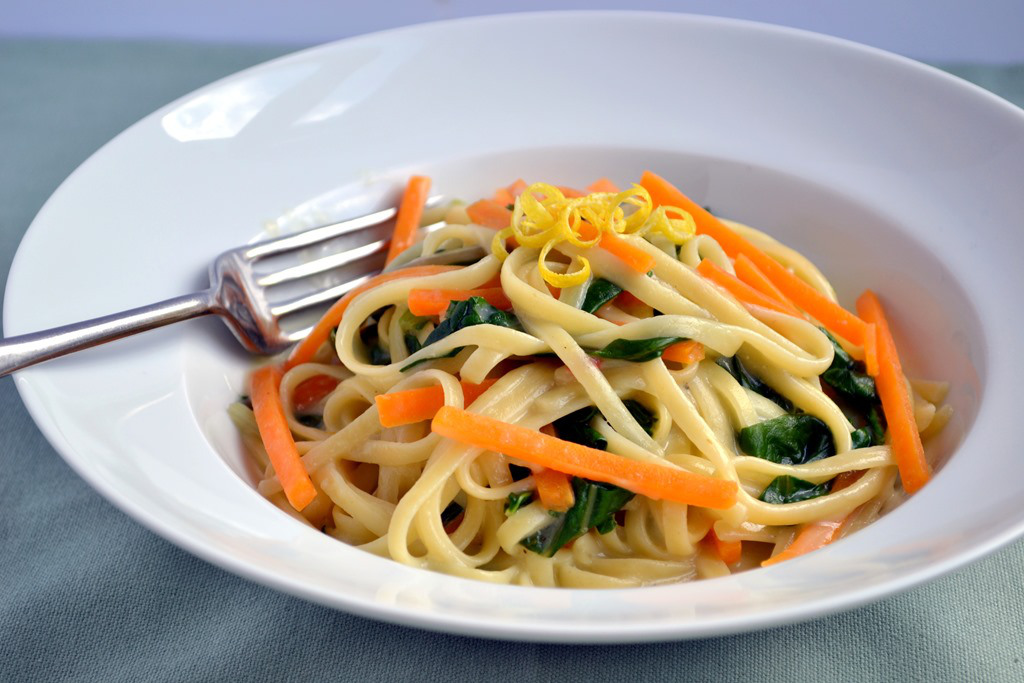 Linguine with Pumpkin & Chard- "tibits at home" vegetarian cookbook- Review & Giveaway