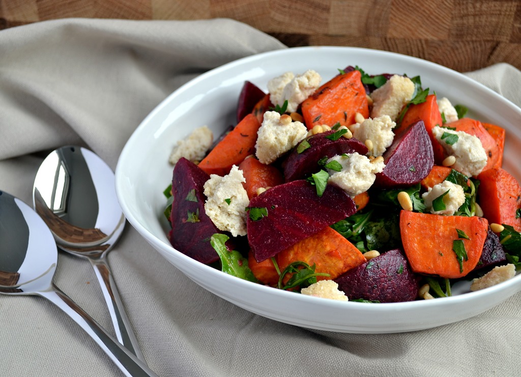 Beetroot & Sweet Potato Salad with Baked Cashew Cheese