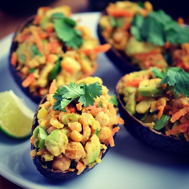 Chickpea Salad Stuffed Avocados. Having a couple of these with a green salad and some corn chips for an early lunch before my exam. Wish me luck!