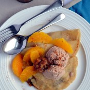 Vegan Crepes with Date & Orange Compote and Cinnamon Ice-Cream