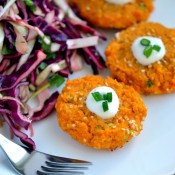 Sweet Potato, Red Lentil & Sesame Patties with Asian-style Cabbage Slaw