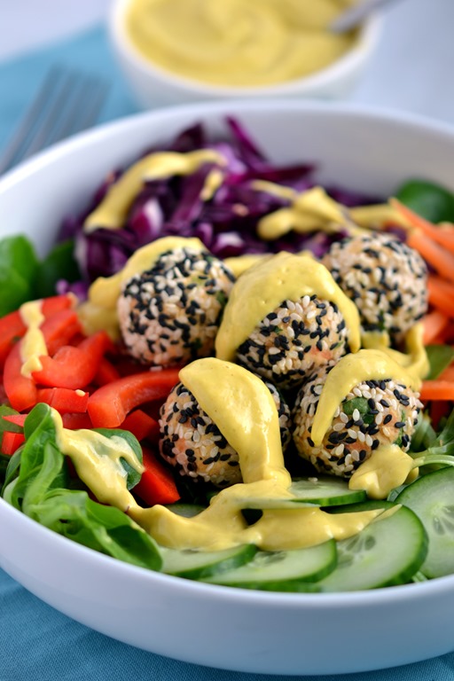 Rainbow Salad with Sesame Hummus Bites and Mango-Tahini Sauce