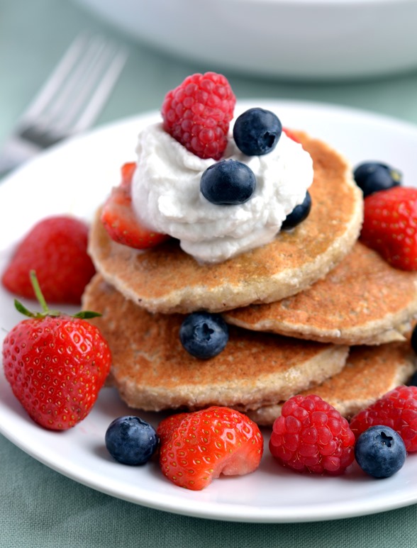 Coconut Pancakes with Berries & Coconut Cream (Vegan, Gluten-free)