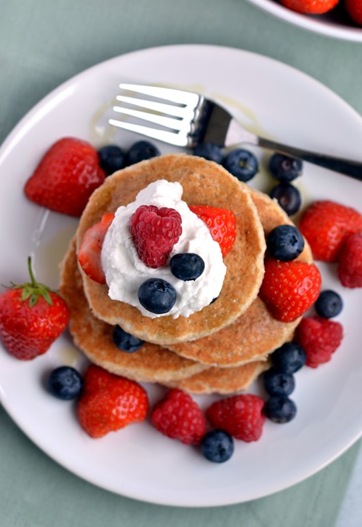 Coconut Pancakes with Berries & Coconut Cream  (Vegan, Gluten-free)