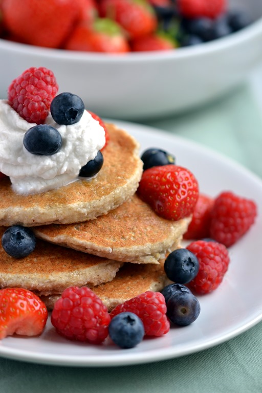 Coconut Pancakes with Berries & Coconut Cream  (Vegan, Gluten-free)