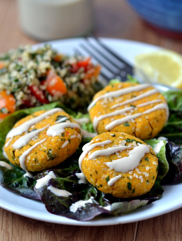 Raw Carrot Falafel, Hemp-Seed Tabouli with Yellow Tomatoes & Mint