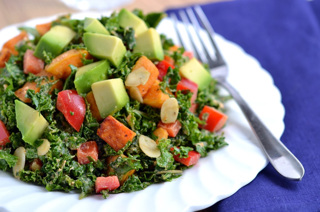 Kale Salad with Sweet Potato, Almonds, and Creamy Maple Chipotle Dressing