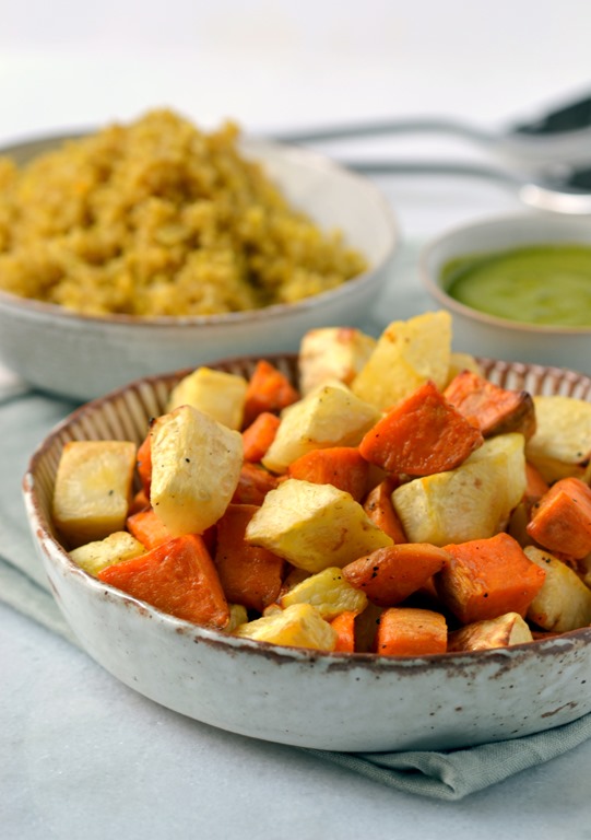 Roasted Celeriac & Sweet Potato with Saffron Quinoa & Herby Drizzle