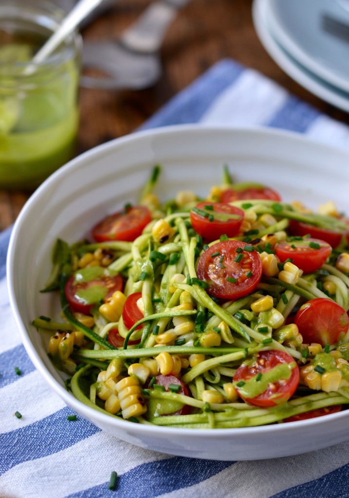 Courgetti Salad with Cherry Tomatoes, Grilled Corn & Herby Dressing | coconutandberries.com